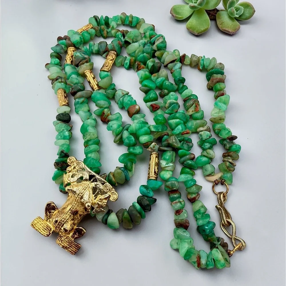 Artisan Chrysoprase Chip Necklace w R 925 Stamp Sterling Frog Pendant Green 18”